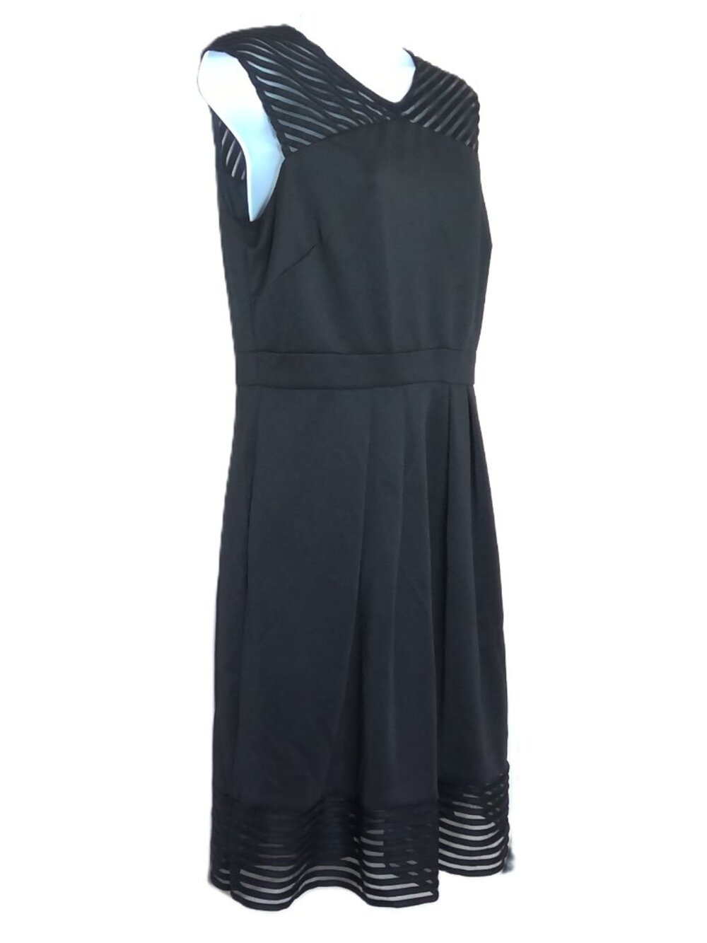 Sandra Darren Dress Black Sleeveless Sheer LBD Striped Mesh Trim Fit & Flare 8